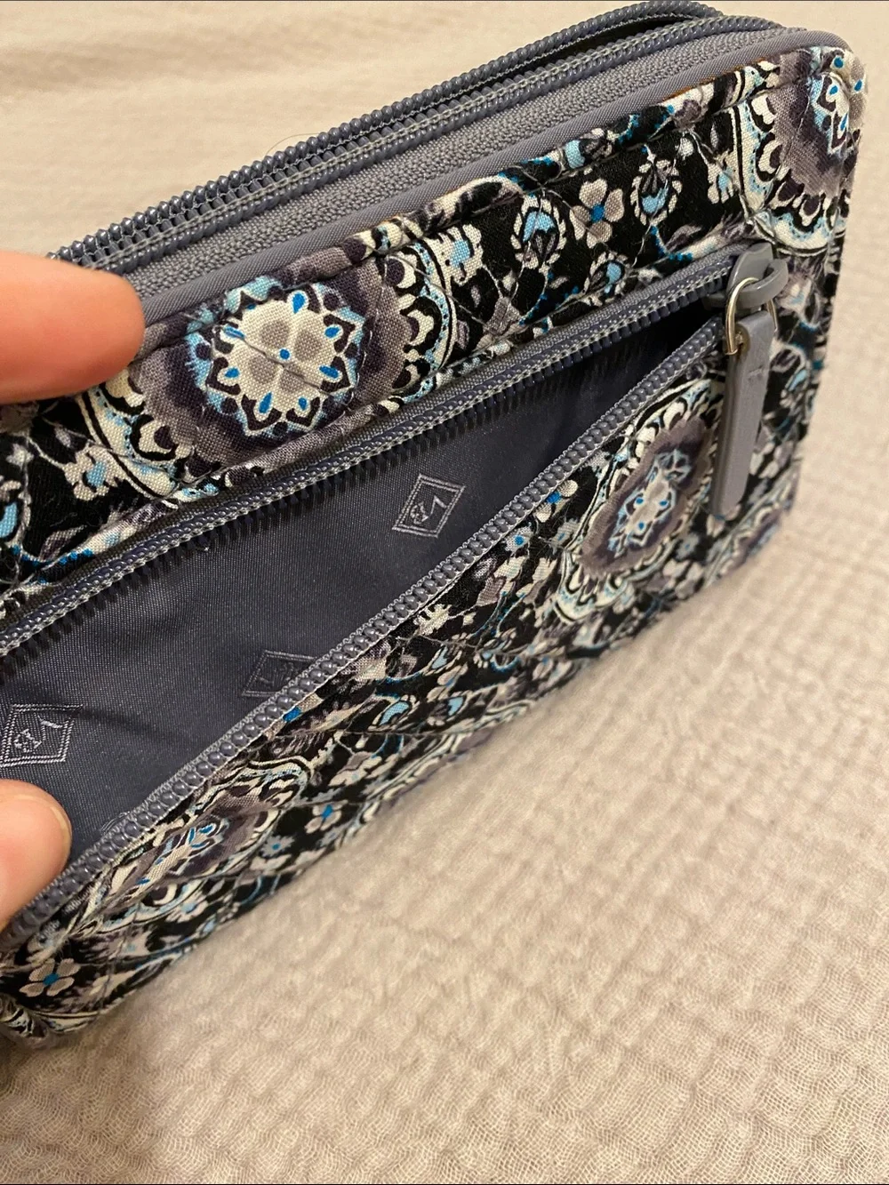 Vera Bradley Quilted Phone Wallet Case in Black, Blue, Gray Medallion Print.
